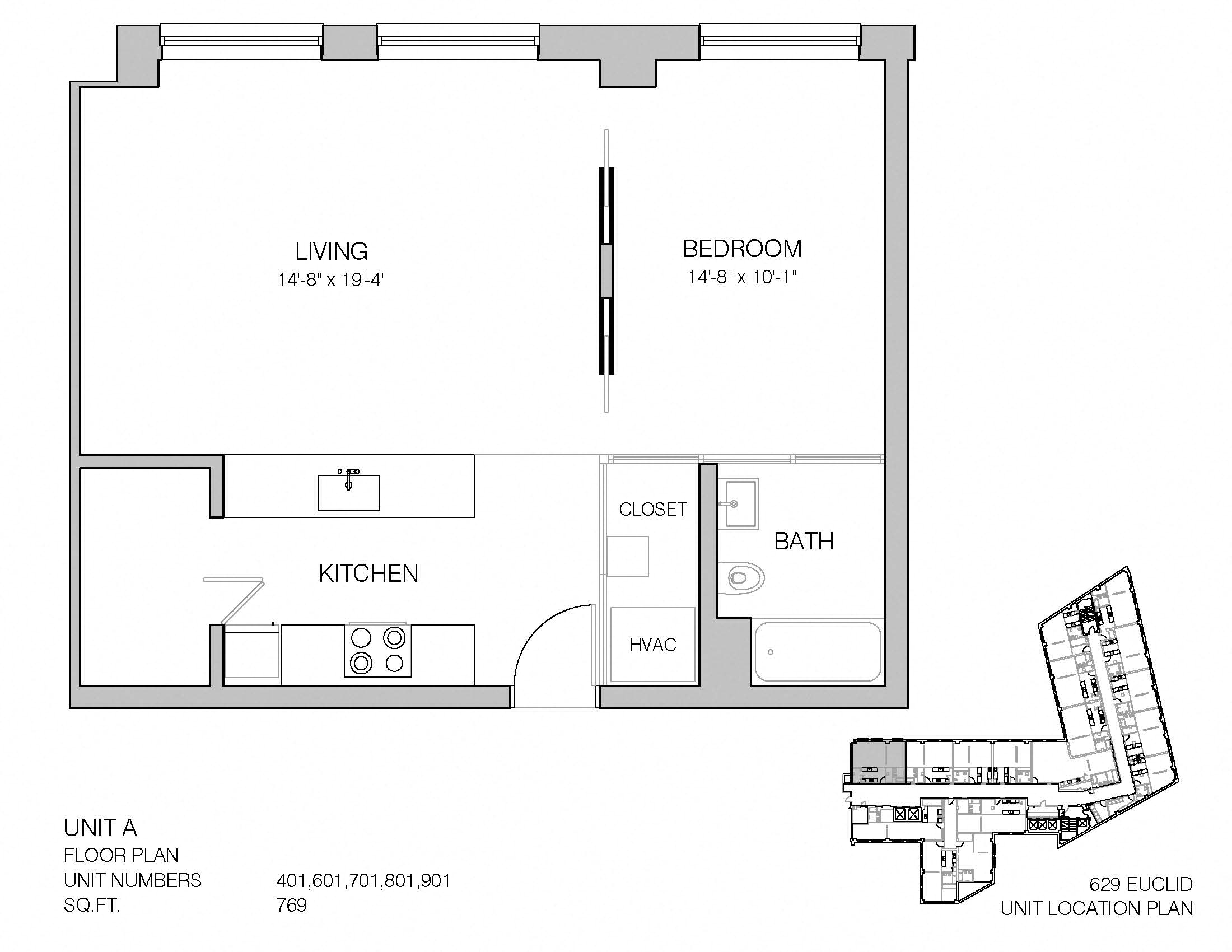 Floor plan for 1 bed, 1 bath, 769 sqft